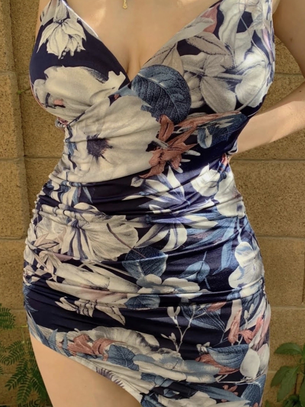 Navy Floral Ruched Mini Dress with Pink Accents